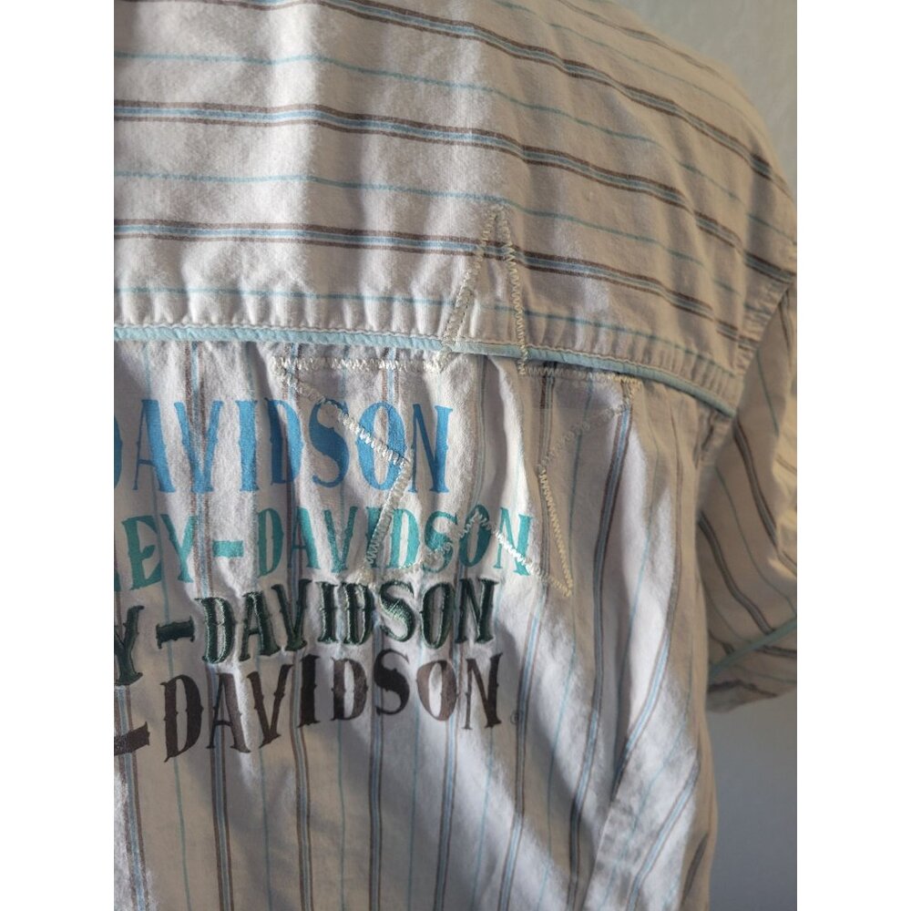 Harley-Davidson White Striped Short Sleeve Pearl Snap Button Down Top Size M - Picture 8 of 12